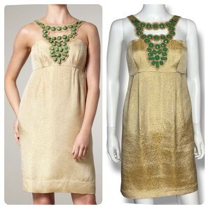 Shoshanna Gold Dress with Green Stone Accents